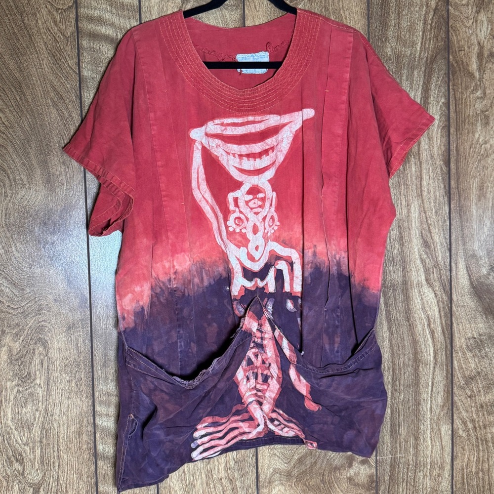 Designers Hand-Print Indie Tribal Boho Tunic Hippie Top Tie Dye Funky Loud OS